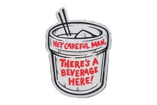 Violent Little Machine Shop Careful Man, There's a Beverage Here Morale Patch features the Dude's white Russian